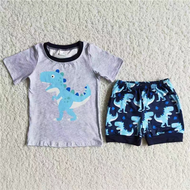 D9-15 grey dinosaur short sleeve shorts boys set