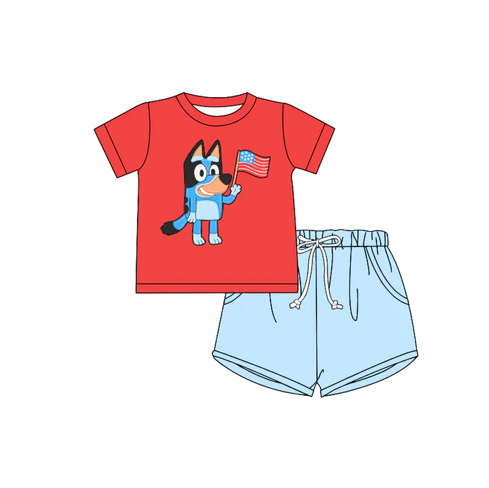 custom style July 4th blue dog flag red short sleeve blue shorts boys set