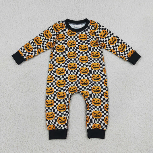 LR1389 Halloween pumpkin black checkered long sleeve boys romper