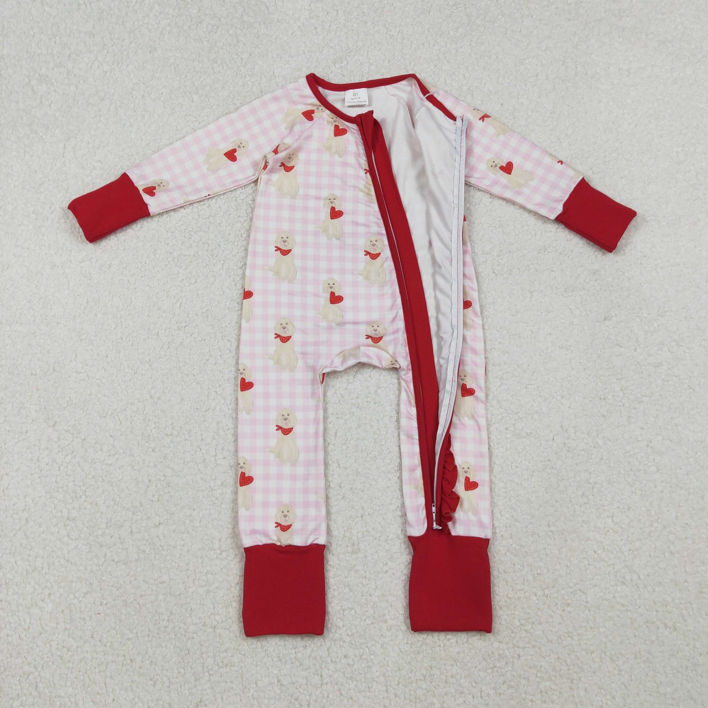 LR2681 Valentine's Day dog heart pink checkered red ruffles zipper long sleeve girls romper