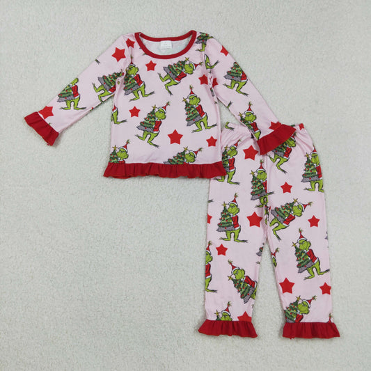 GLP2646 Christmas green face red star long sleeve pants girls pajamas