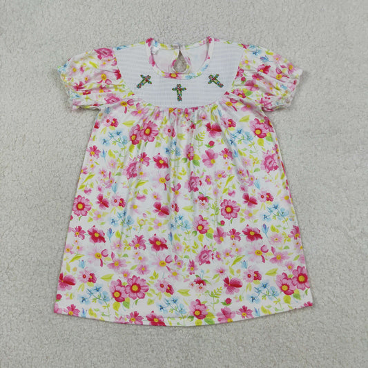 GSD3314 Smocked Embroidery Cross Flowers Short Sleeve Girls Dress