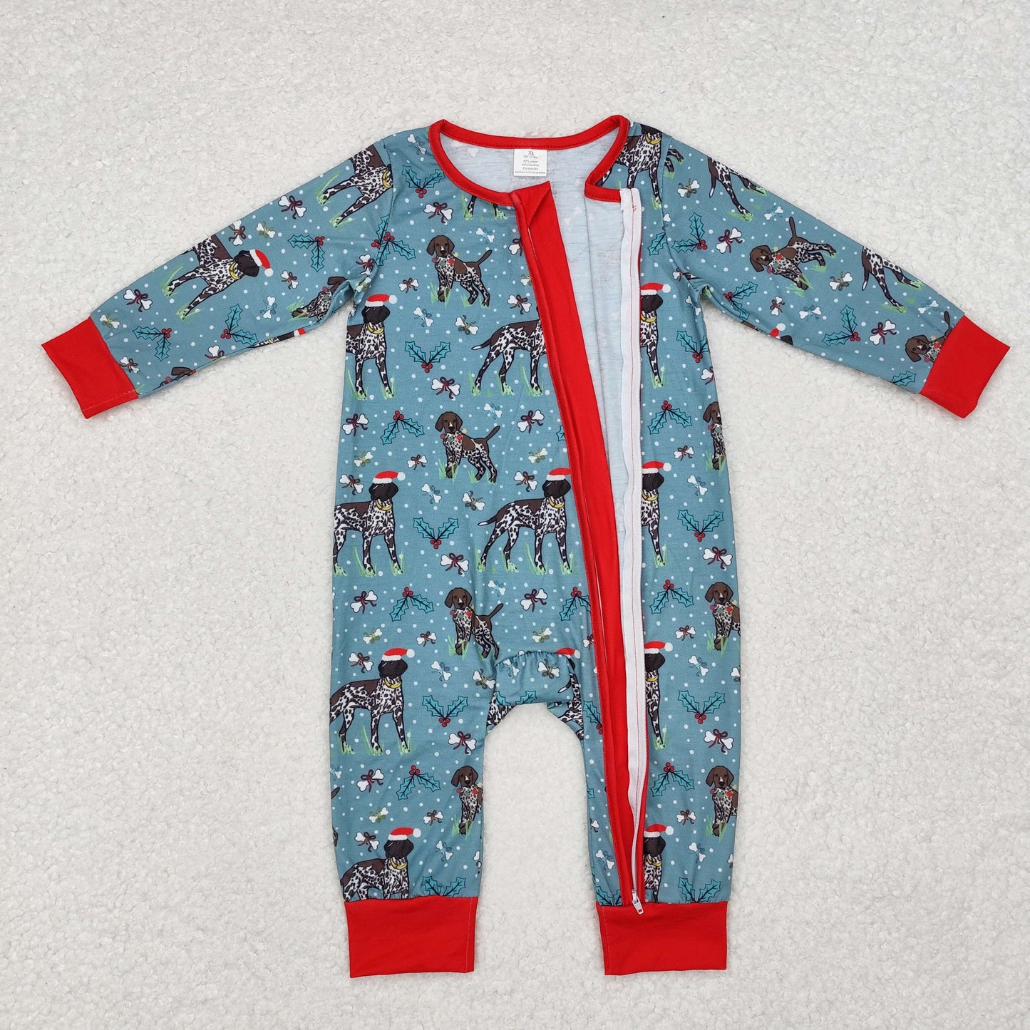 bamboo LR1768 Christmas dog holly berry long sleeve zipper boys romper