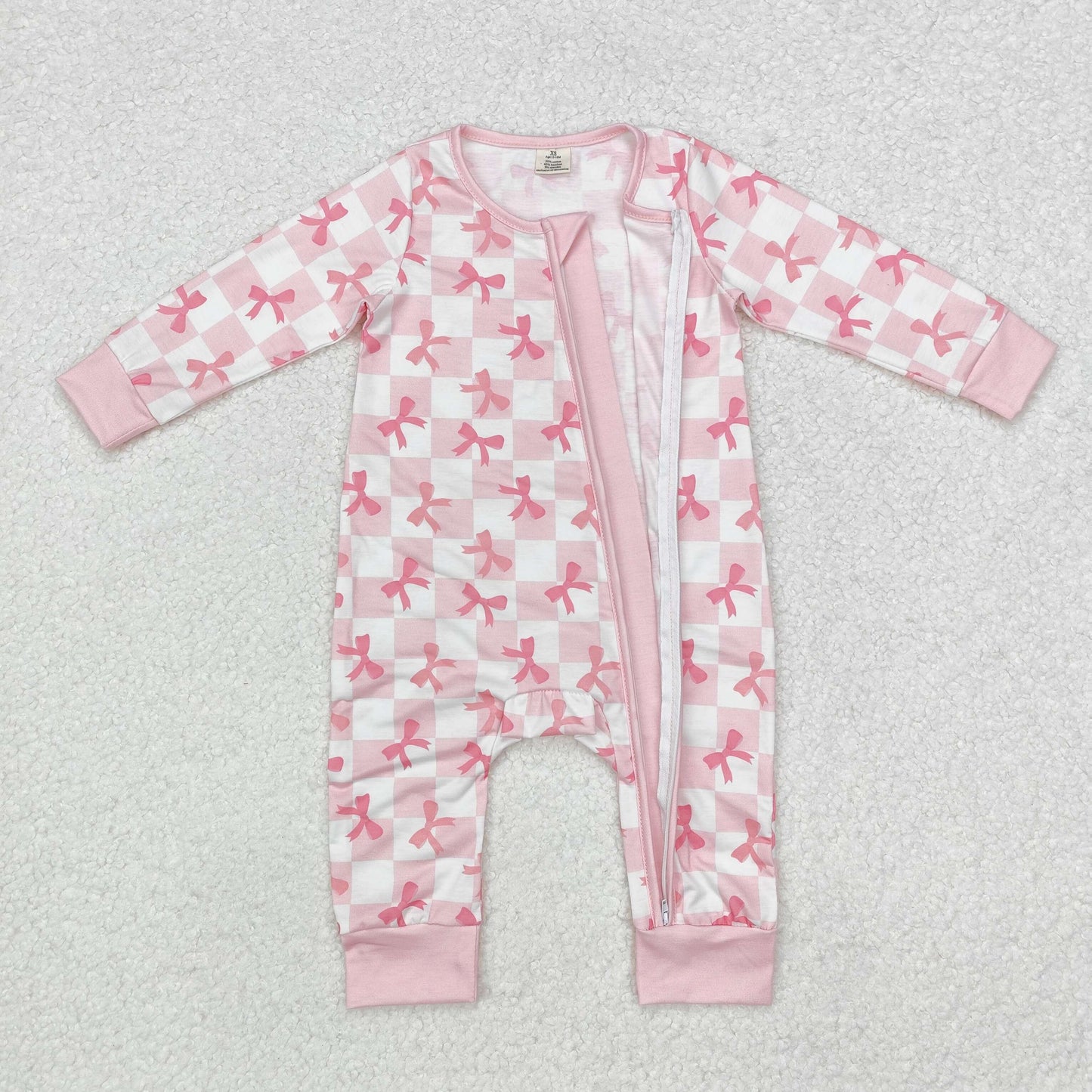 bamboo LR1607 pink bows checkered long sleeve zipper girls romper