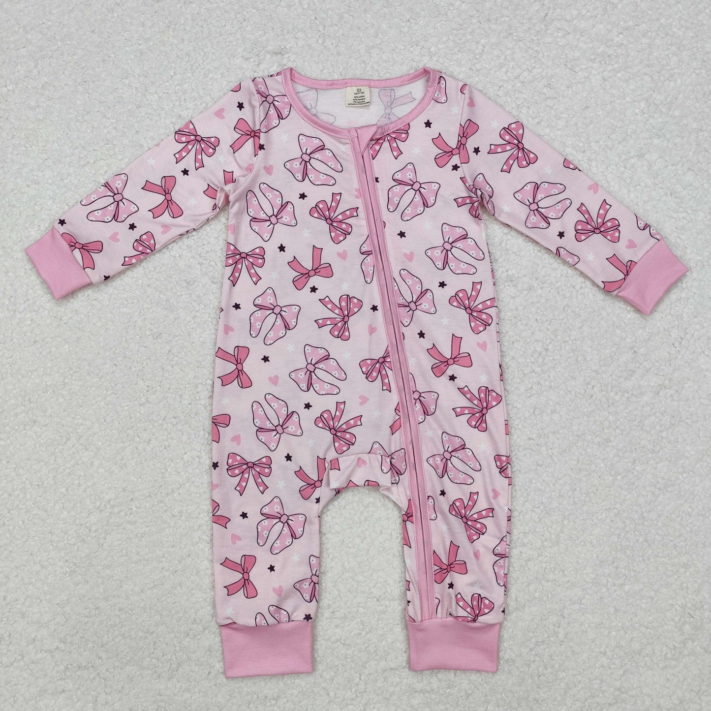 bamboo LR1608 pink bows heart long sleeve zipper girls romper