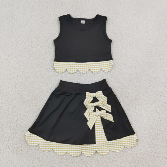 GSD4175 Yoga Scallop Black Sleeveless Bows Skorts Girls Set
