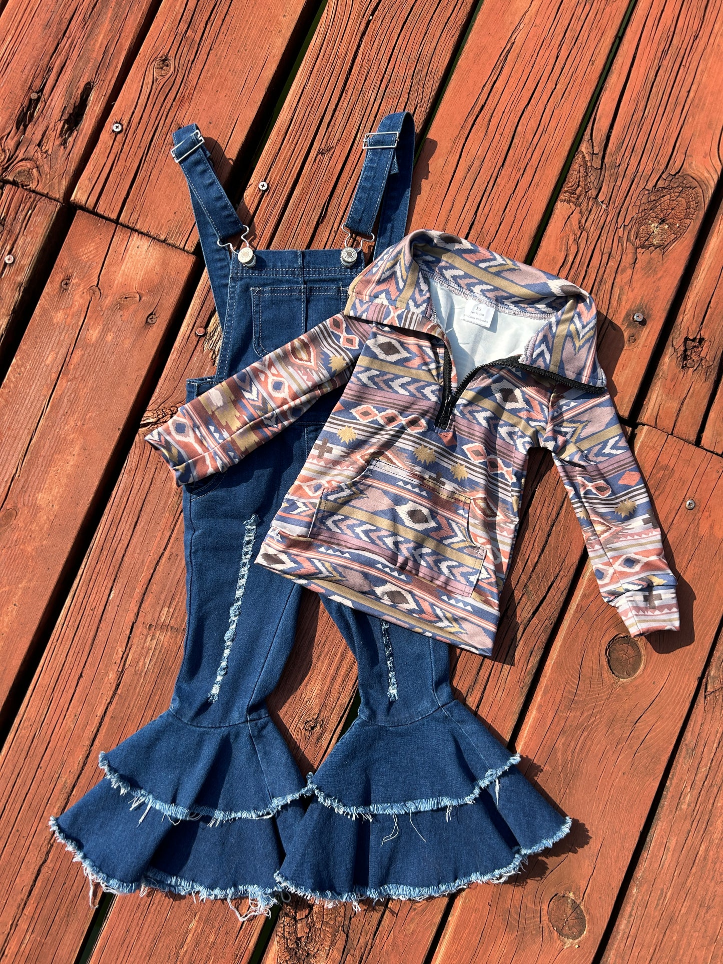 Western Aztec Zipper Pocket Pullover Blue Hole Overall Jeans Girls Set