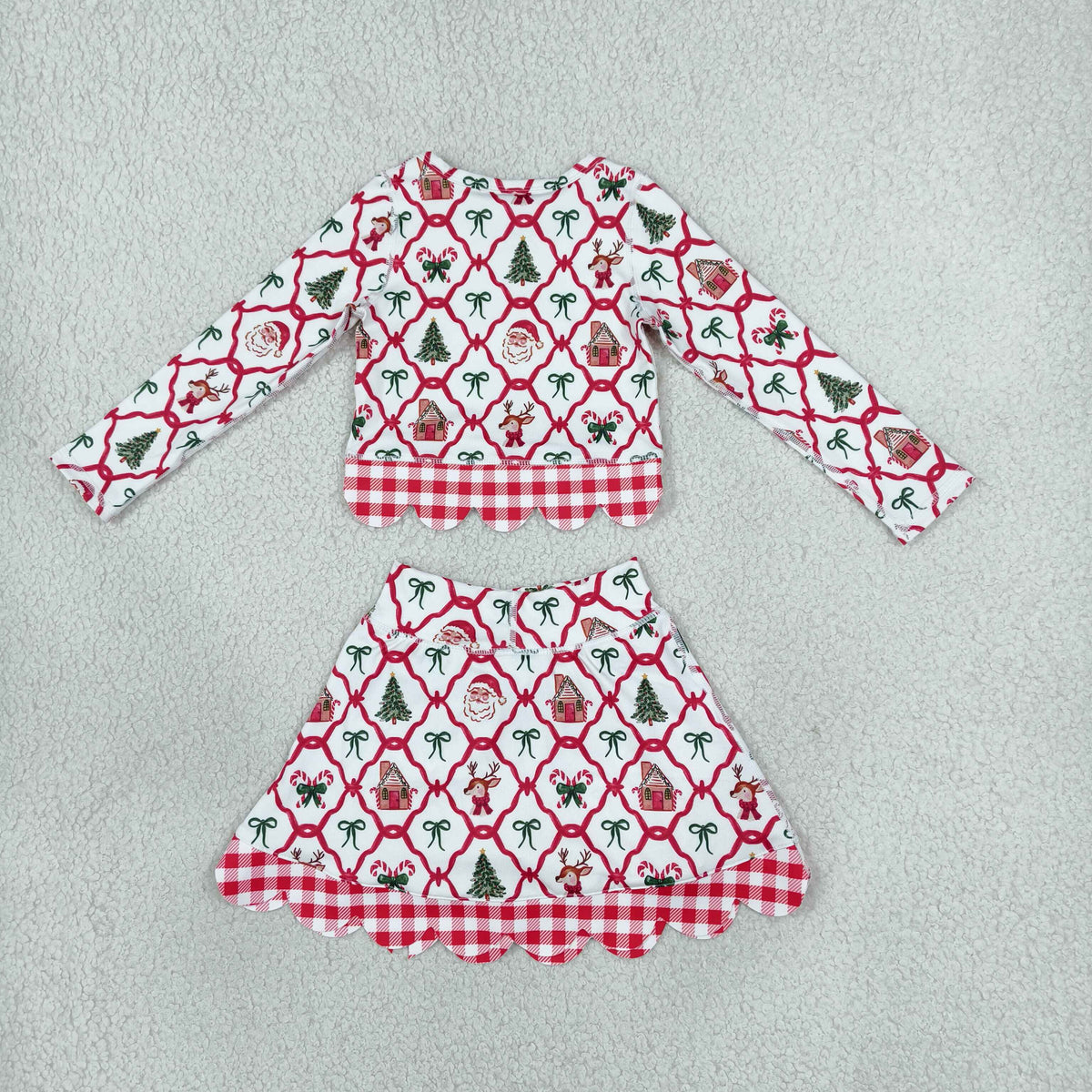 GLD1676 Yoga Scallop Christmas Santa Bows Long Sleeve Bows Skorts Girls Set