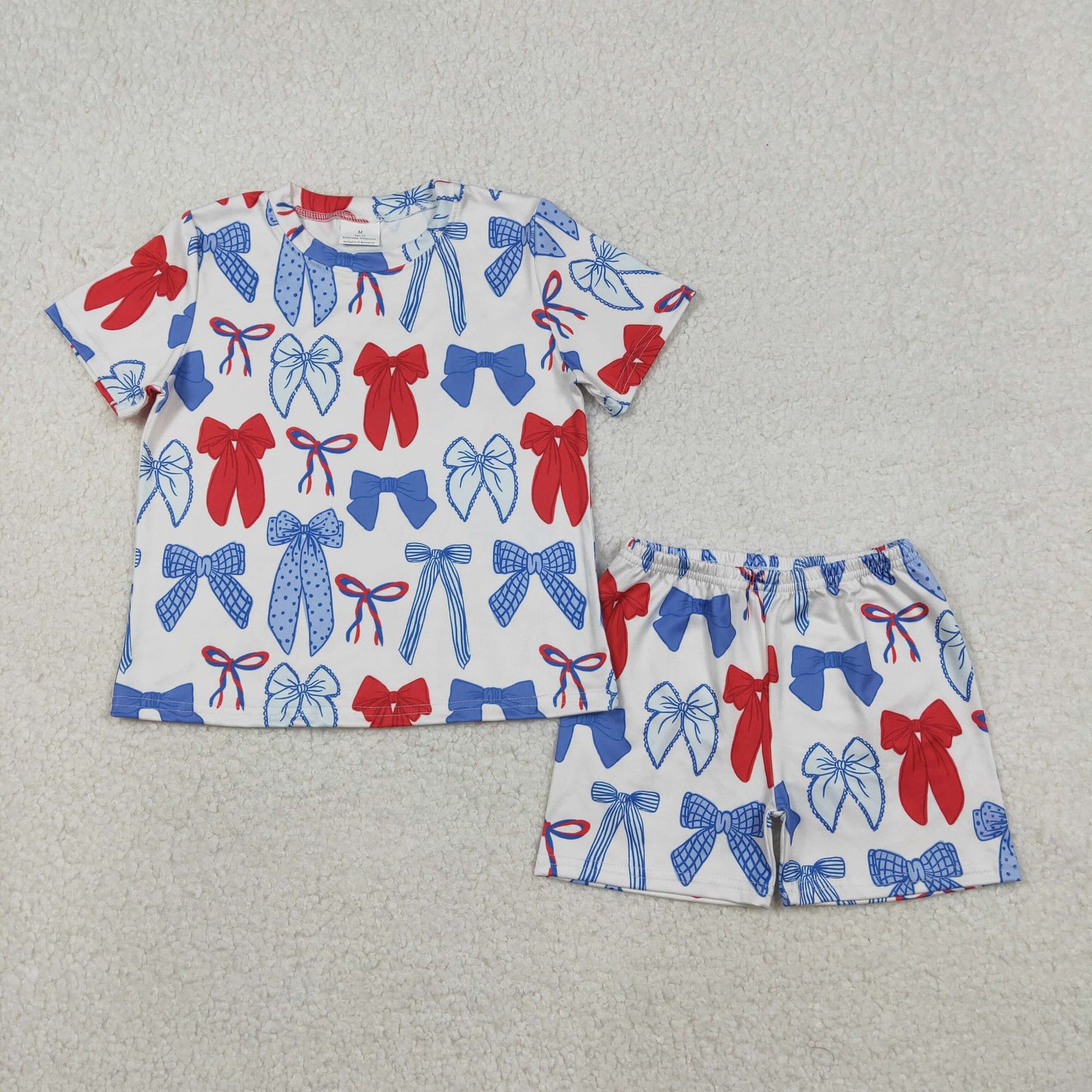 GSSO2772 July 4th red blue bows short sleeve shorts girls set