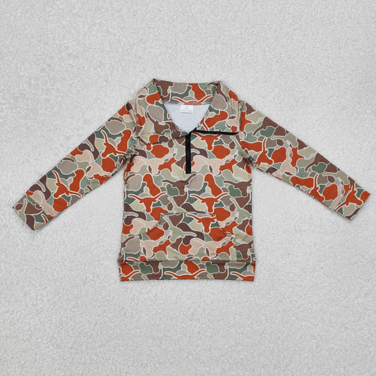 BT1069 camo style hunting camo dog cow pocket zipper long sleeve boys pullover