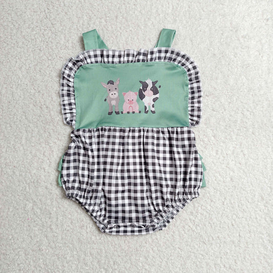 SR3866 Farm Horse Pig Cow Green Checkered Girls Romper