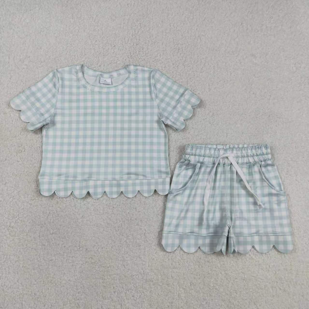 Checkered Scallop Short Sleeve Shorts Girls Set RTS Sibling Clothes