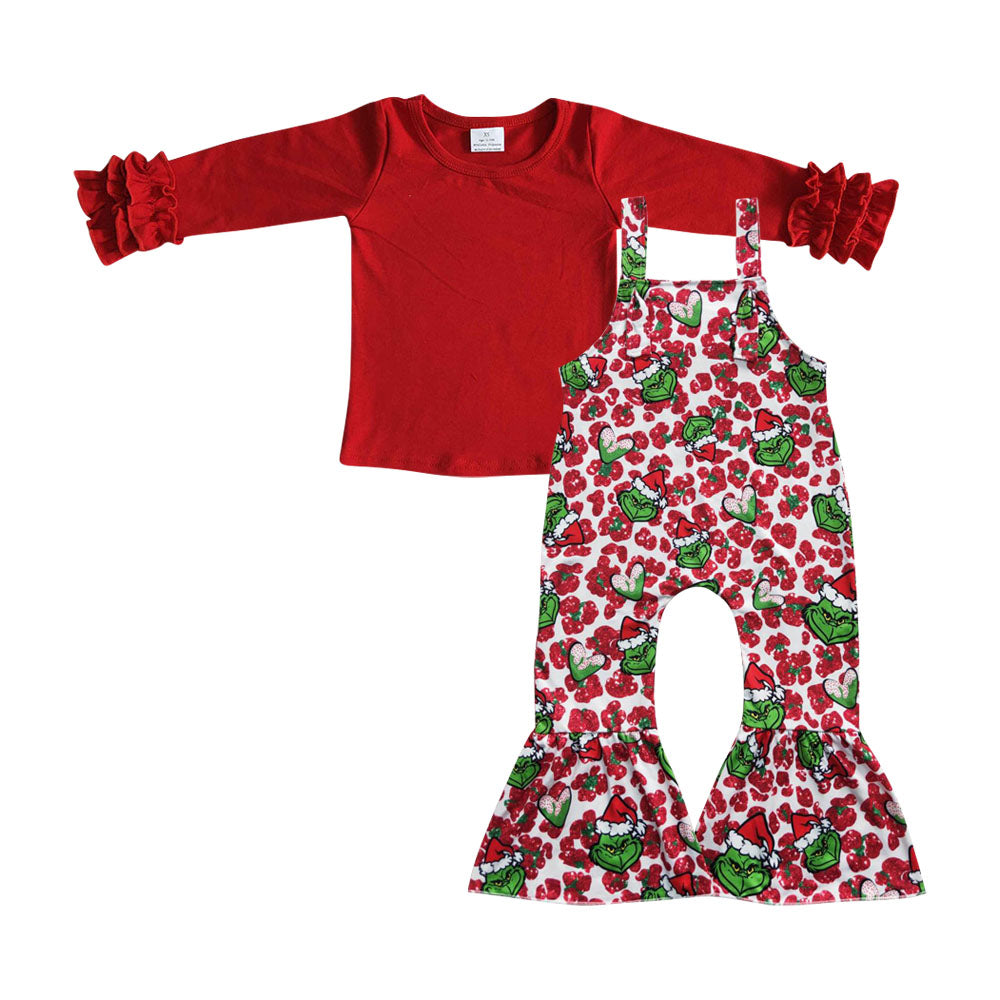 Merry Christmas Red Long Sleeves Top Green Face Flowers Girls Jumpsuits Set