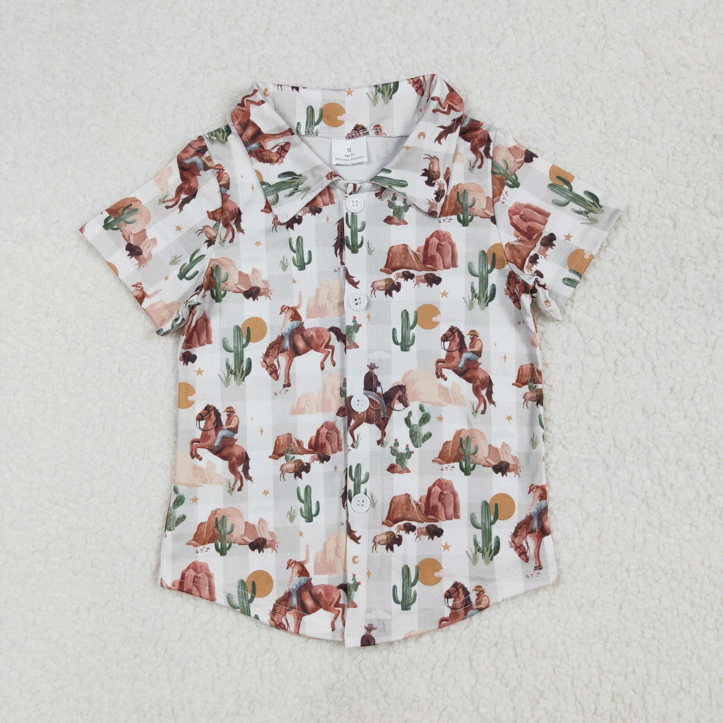 BT1155 baby boy Western rodeo cactus checkered short sleeve top