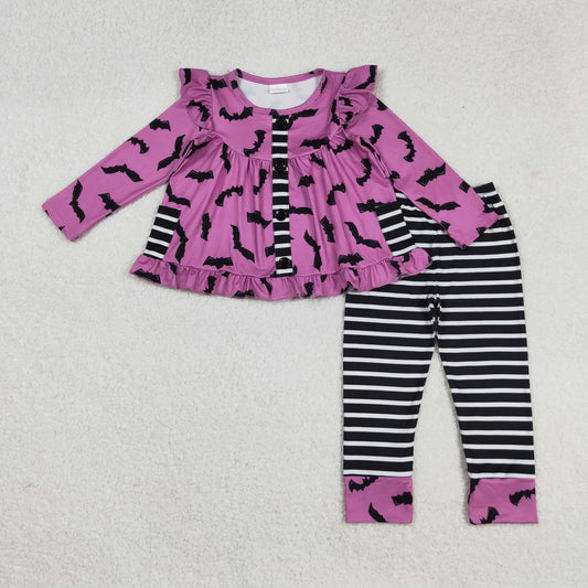 GLP2693 Halloween bat purple long sleeve black striped pants girls set
