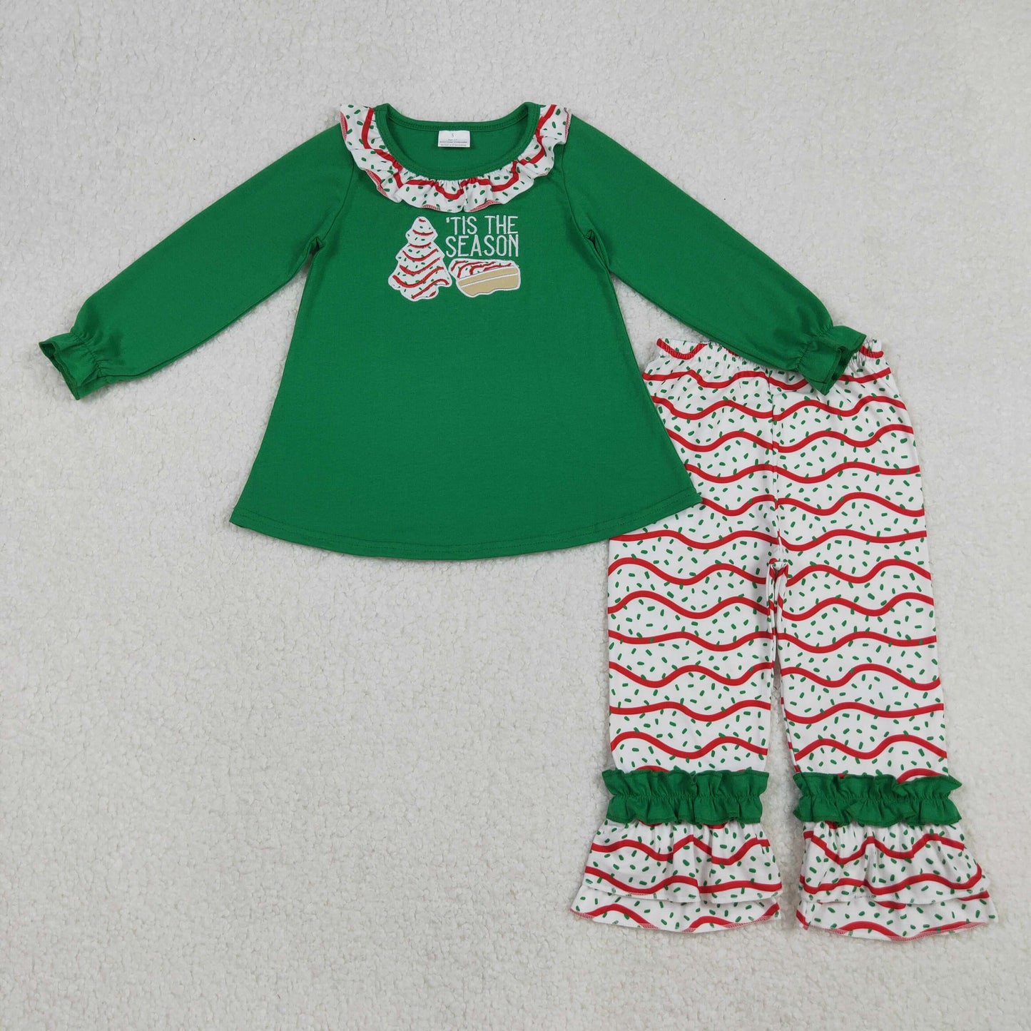 embroidery GLP2518 Christmas tis the season tree cake green long sleeve pants girls set