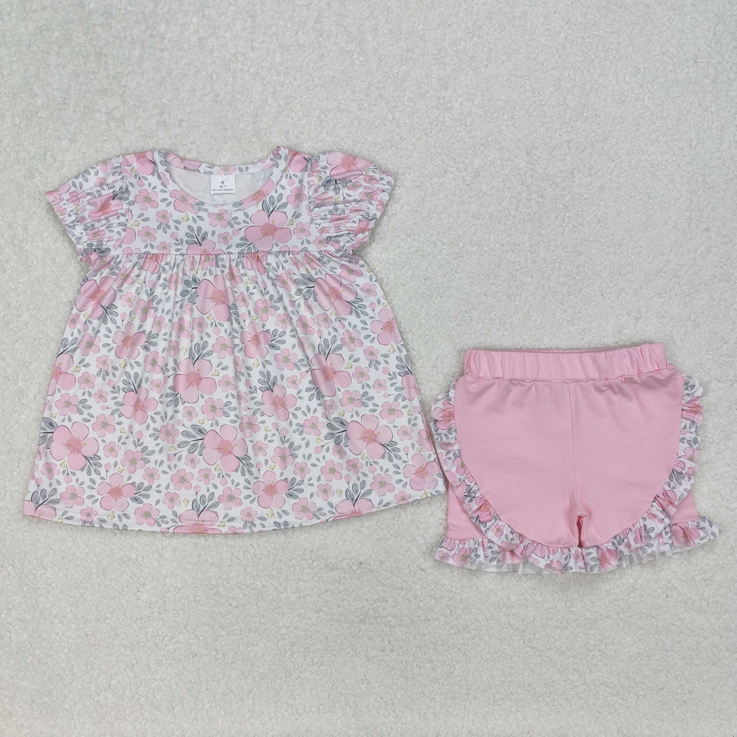 GSSO2194 pink flowers short sleeve pink ruffles shrots girls set