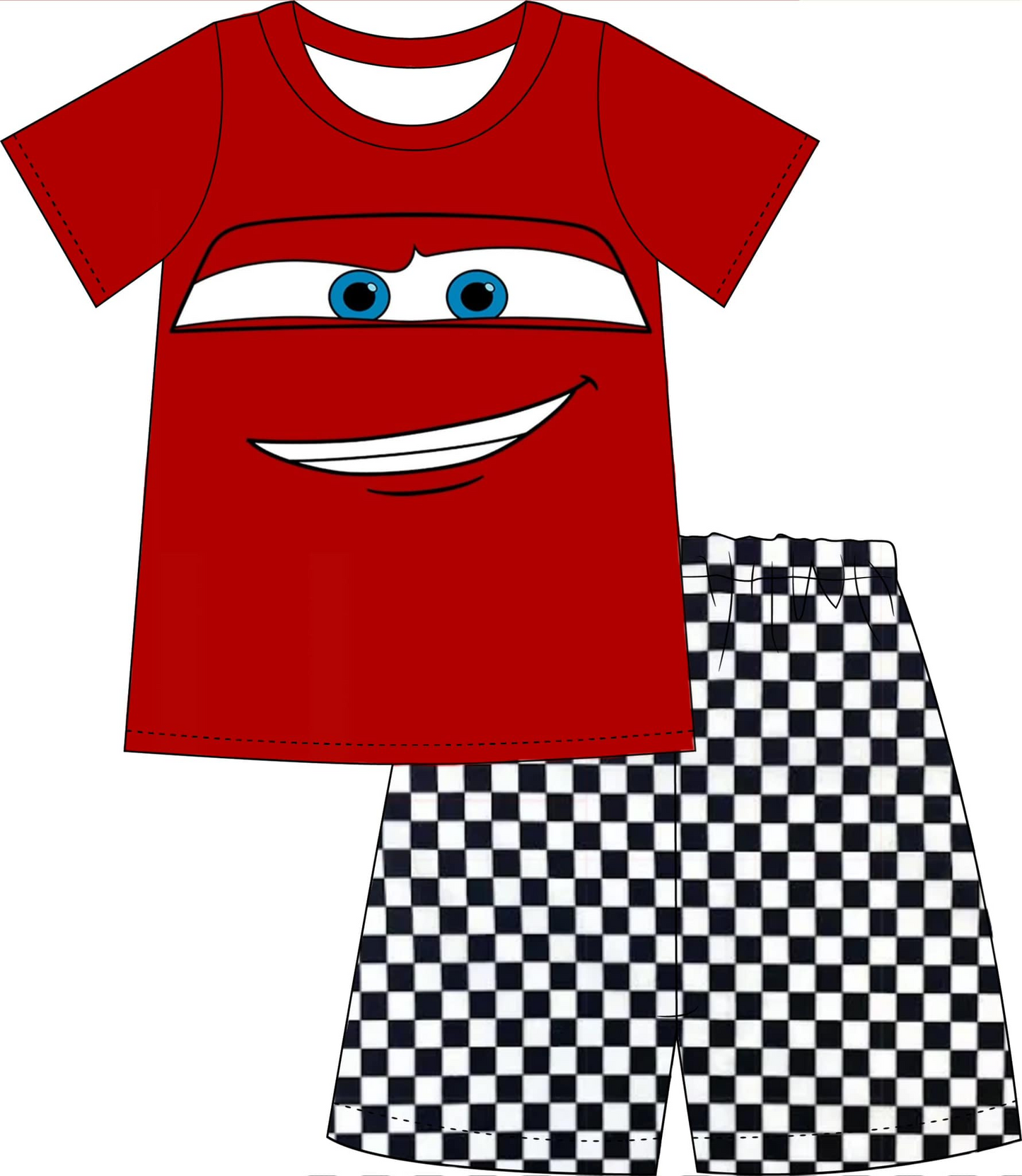 custom style cartoon cute car red short sleeve black checkered shorts boys set tat 6-8 weeks