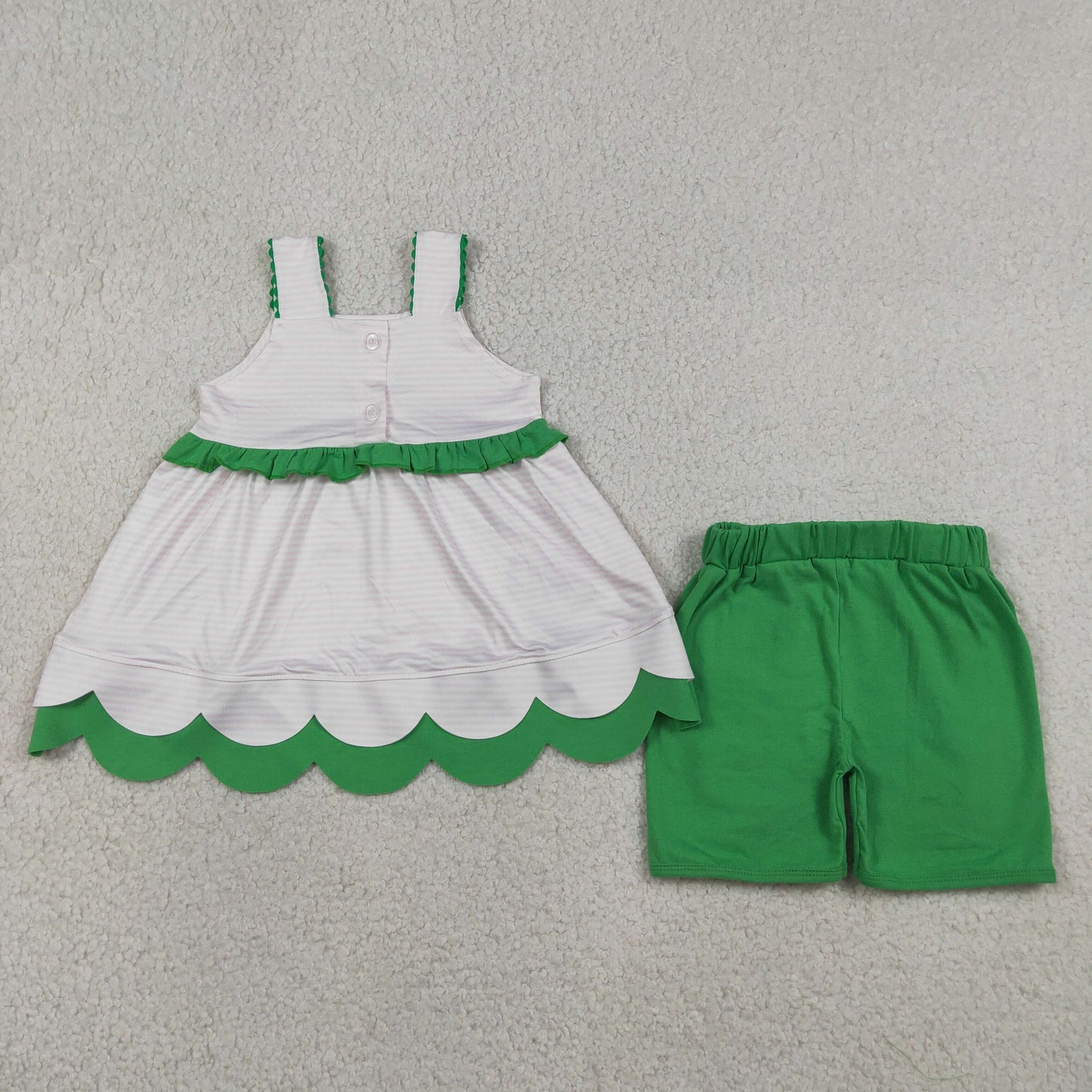 Embroidery GSSO3164 Watermelon Pink Striped Sleeveless Green Shorts Girls Set