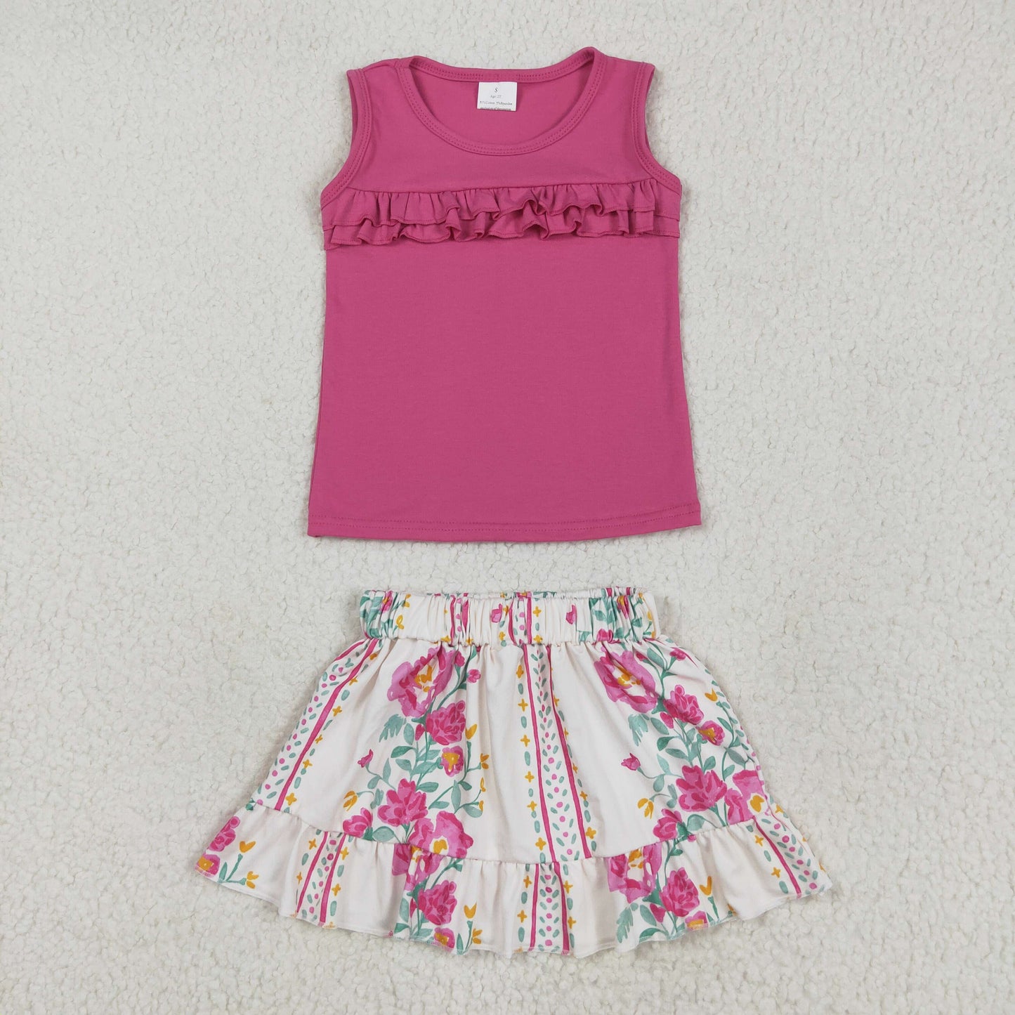 GSD2104 ruffles hot pink sleeveless flowers skirt with shorts girls set