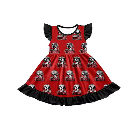 custom style football TIGERS red flutter sleeve girls dress moq 3