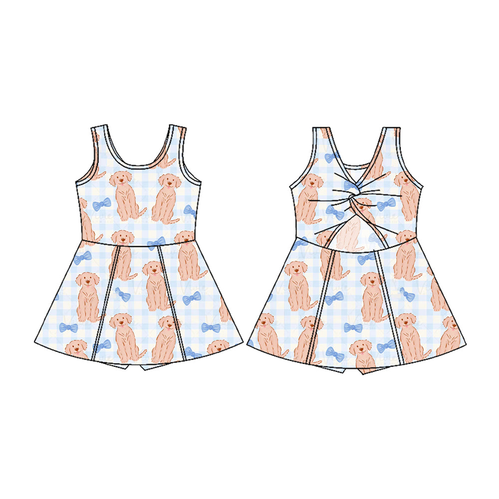 preorder cute dog pet bows blue checkered sleeveless skirt with shorts girls dress