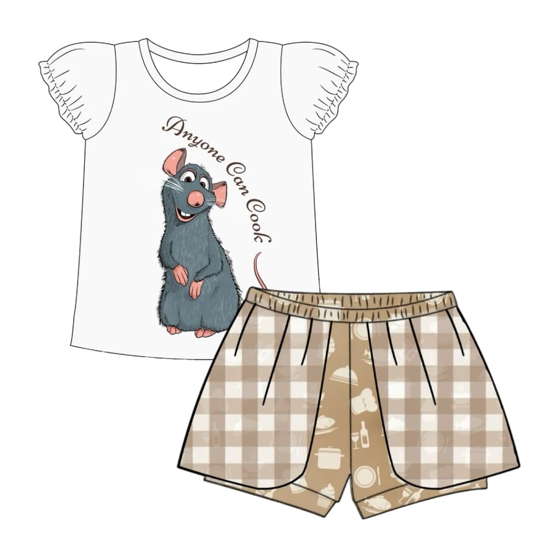 custom style cartoon mouse flutter sleeve khaki shorts girls set tat 6-8 weeks