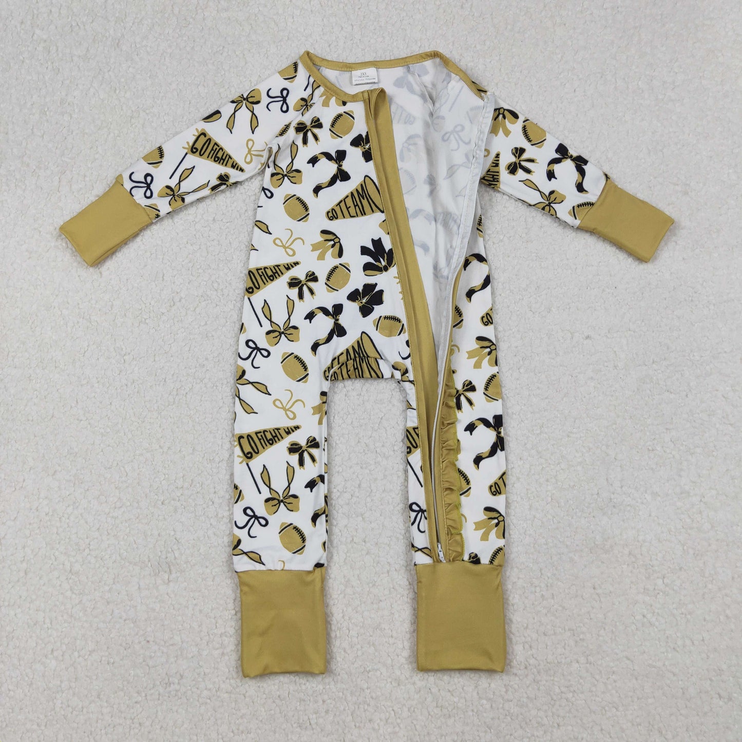 LR2515 cheer black golden football bows zipper long sleeve girls romper