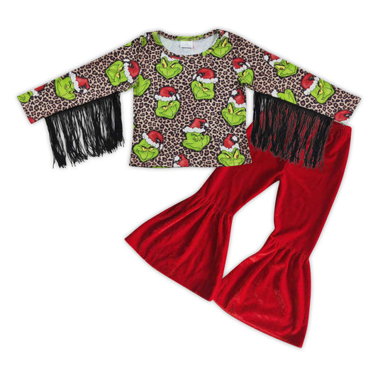 GLP0600 Christmas Green Face Leopard Top Red Velvet Pants Girls Set