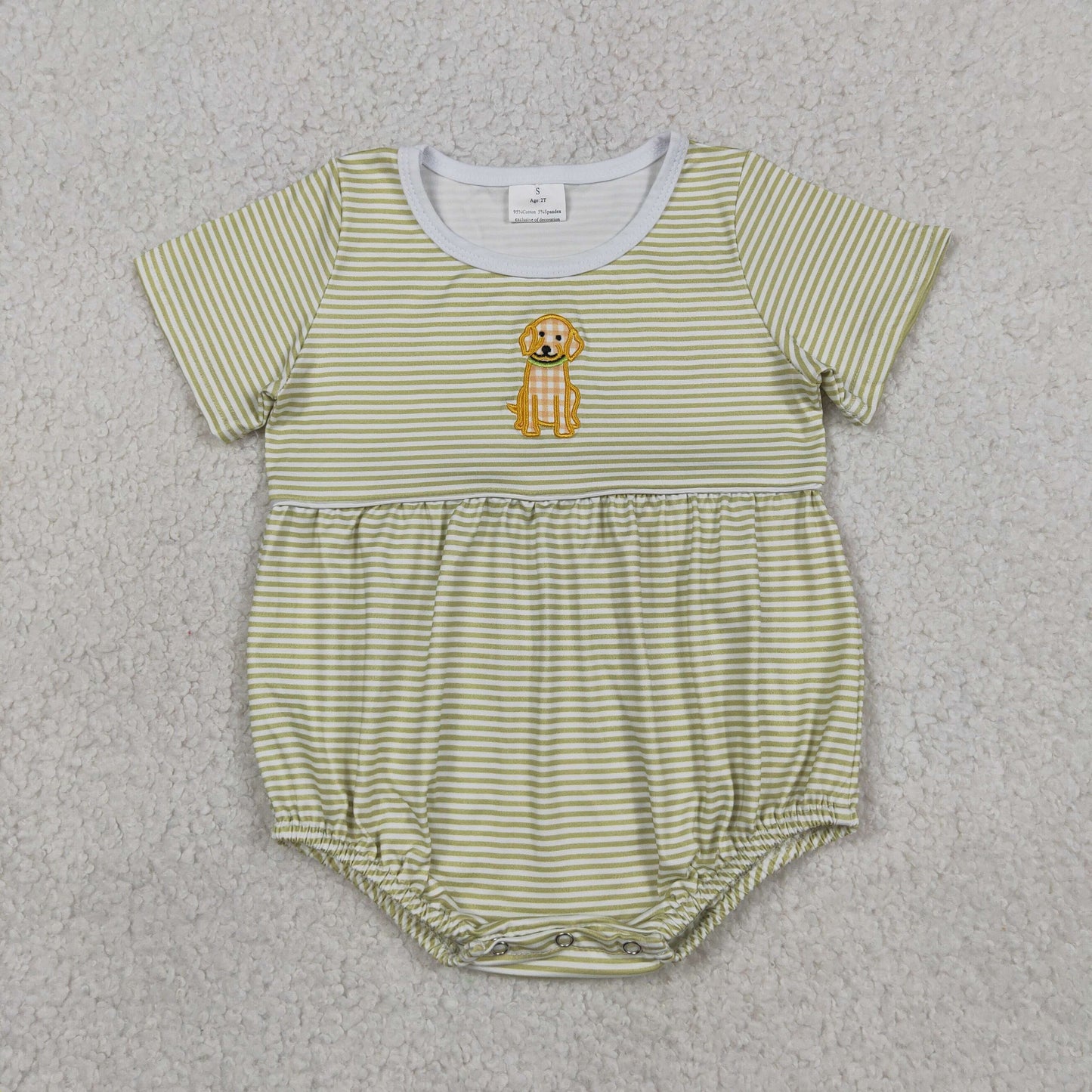 Embroidery SR4140 Dog Green Striped Short Sleeve Boys Romper