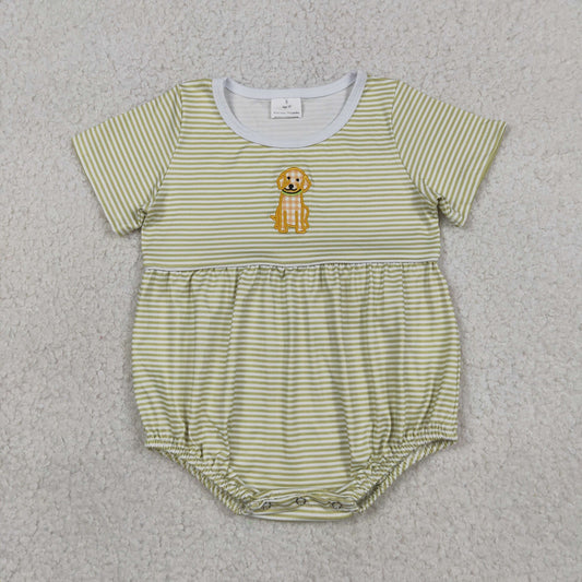 Embroidery SR4140 Dog Green Striped Short Sleeve Boys Romper