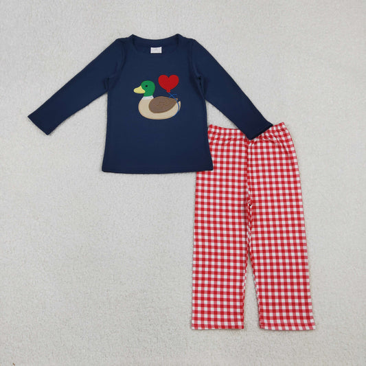 embroidery BLP1304 Valentine's Day heart mallard duck navy blue long sleeve red checkered pants boys set