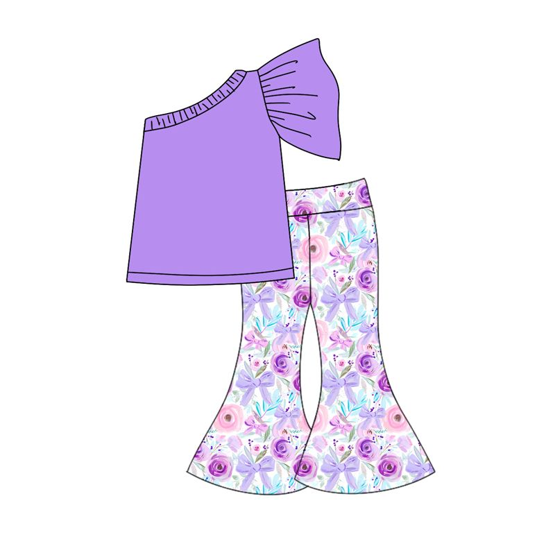 preorder GSPO1803 purple one sleeve colorful flowers bows pants girls set