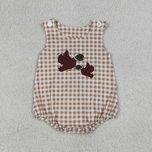 Embroidery SR3958 Mallard Duck Khaki Checkered Sleeveless Boys Romper