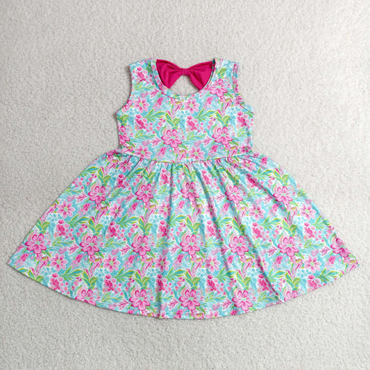 GSD3863 Hot Pink Flowers Blue Sleeveless Girls Dress