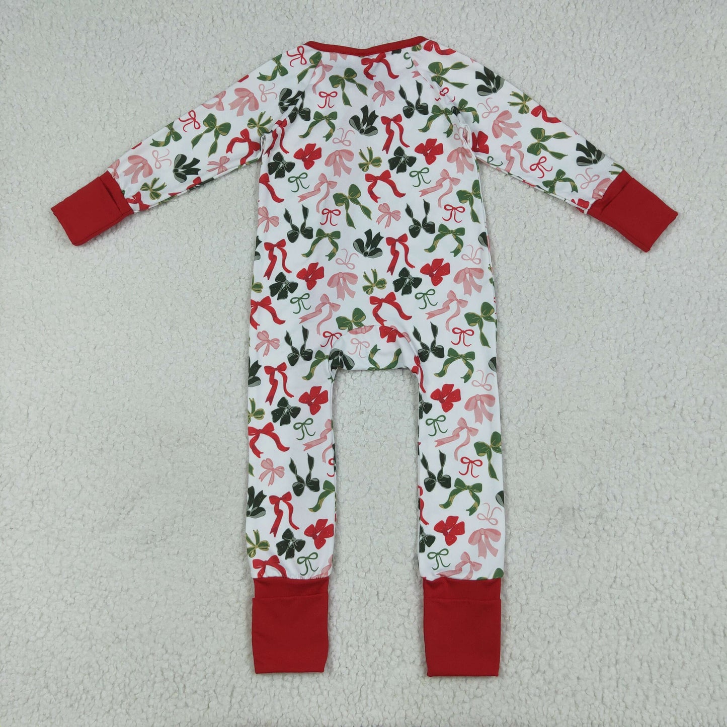 Custom moq 20 bamboo Christmas green bows zipper long sleeve girls romper