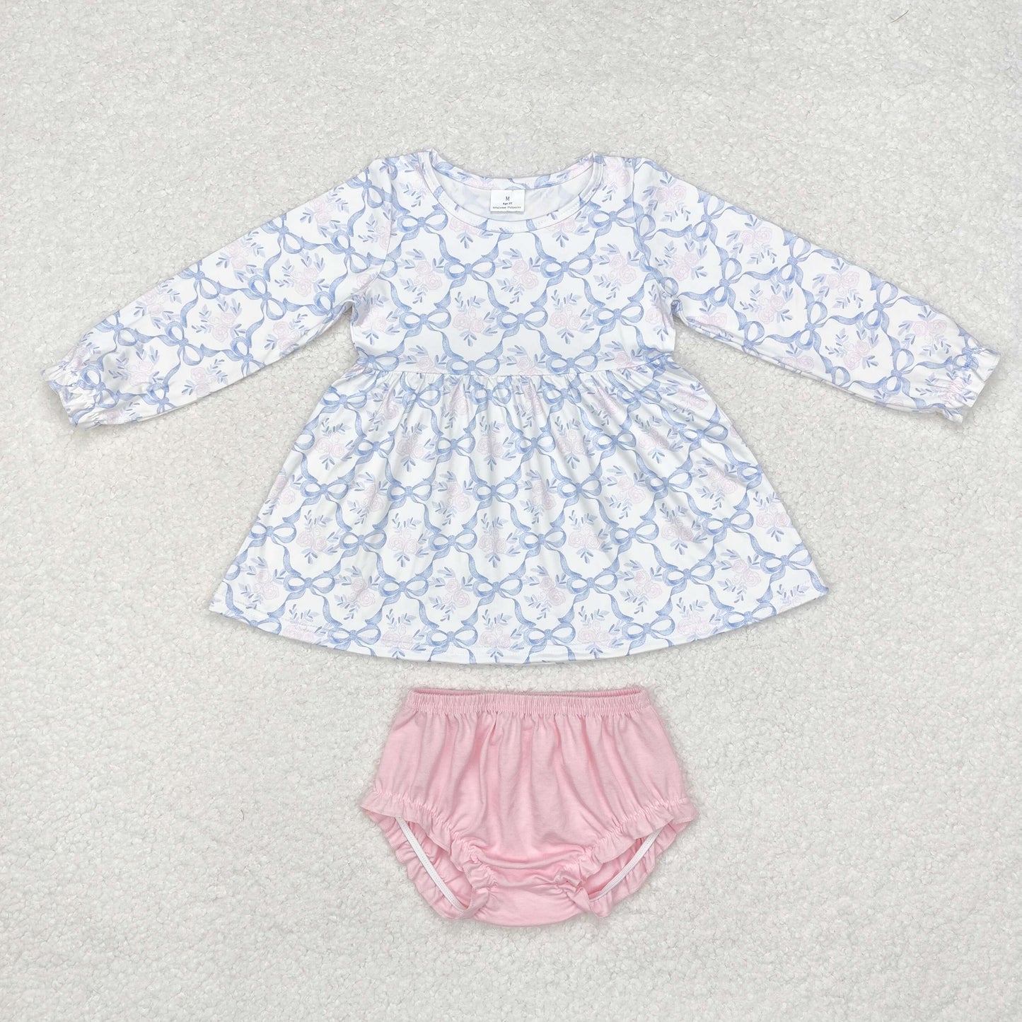 GBO0426 blue bows flowers long sleeve pink girls bummies set