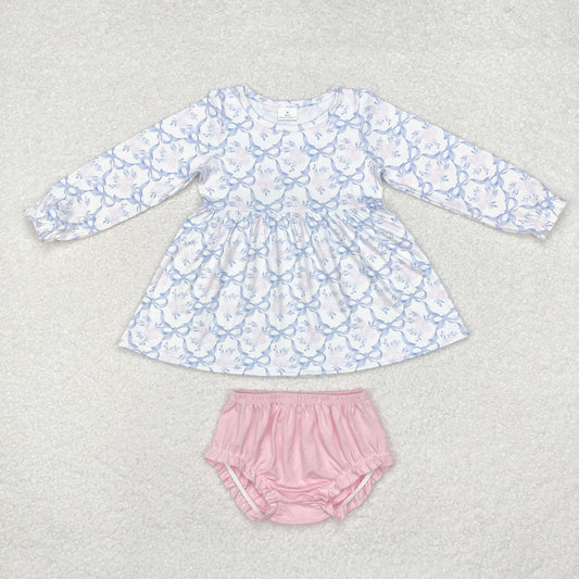 GBO0426 blue bows flowers long sleeve pink girls bummies set