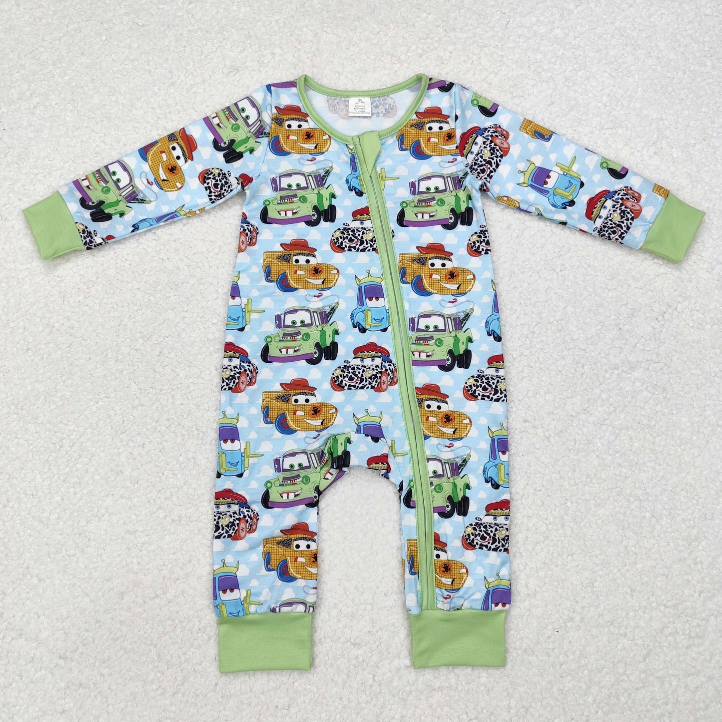 bamboo LR1622 Western cartoon car green long sleeve zipper boys romper