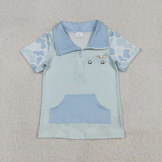 BT1534 Hunting Fishing Dog Camo Pocket Zipper Short Sleeve Boys Top