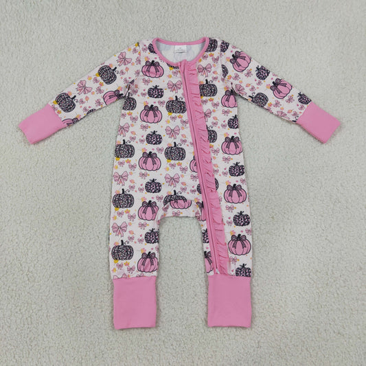 LR3061 Pumpkin Pink Zipper Long Sleeve Girls Romper