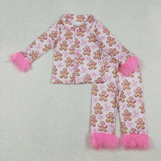 GLP2374 Christmas gingerbread man pink bows long sleeve pants girls fur pajamas