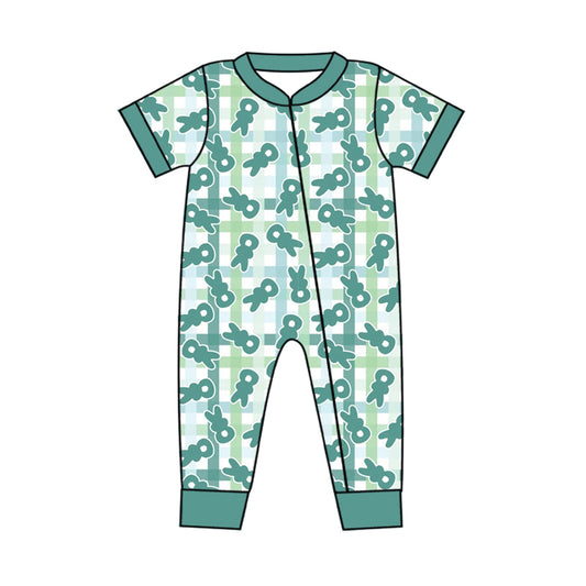 custom moq 3 Easter cute bunny rabbit green checekred short sleeve boys zipper romper