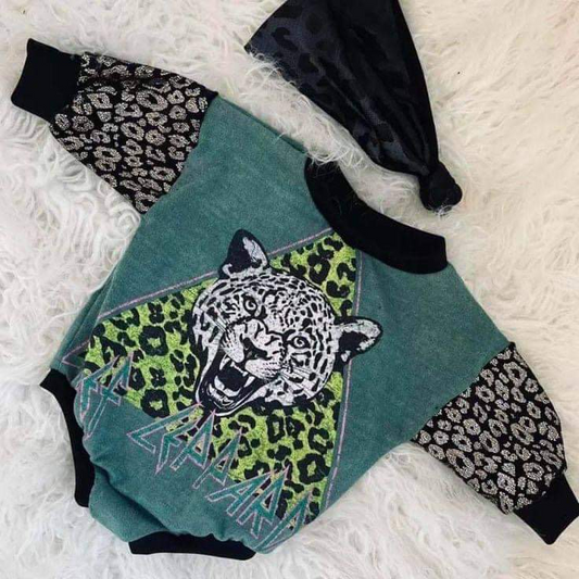 custom Leopard Tiger Green Long Sleeve Kids Romper