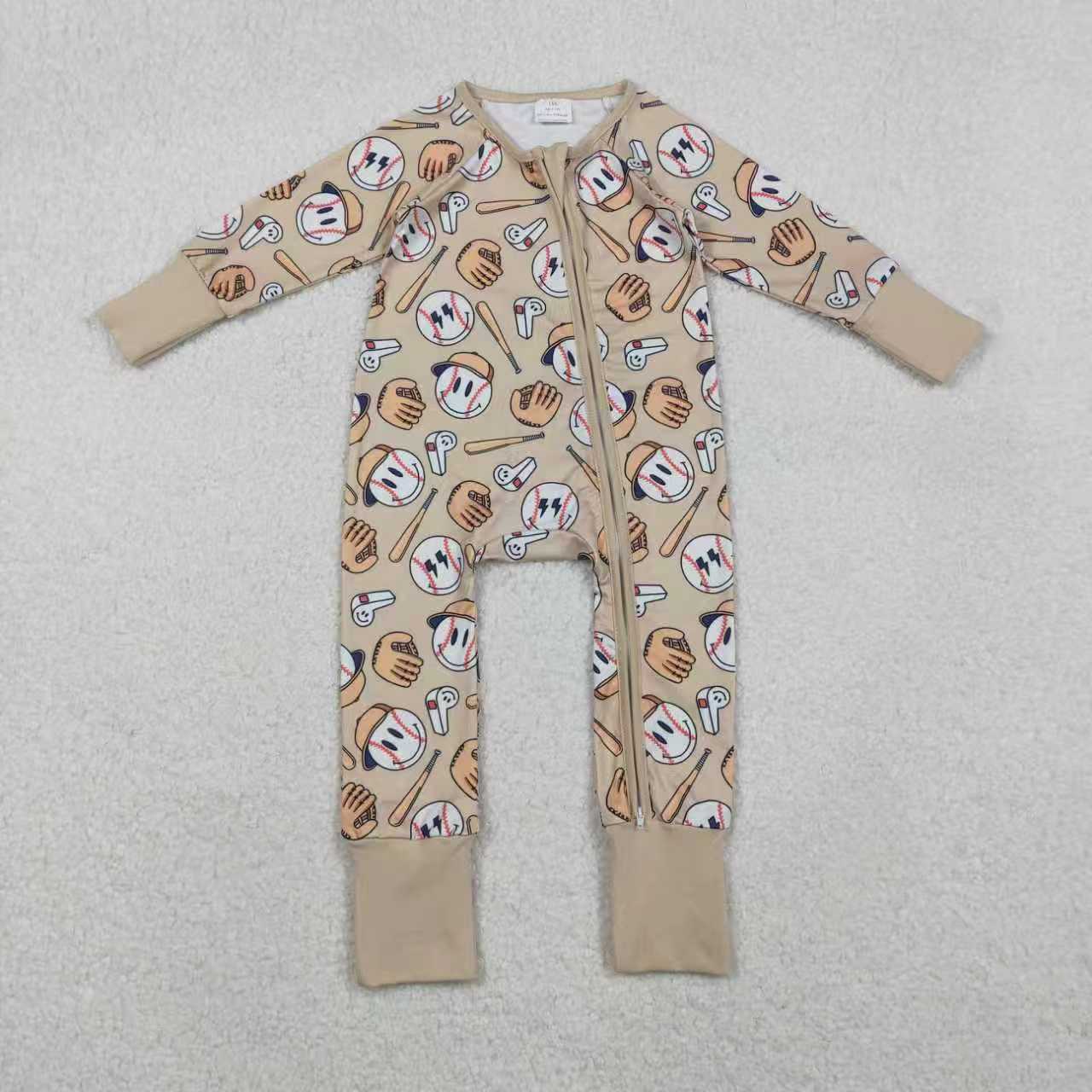 Smile Basseball Khaki Romper/Pajamas RTS Sibling Clothes