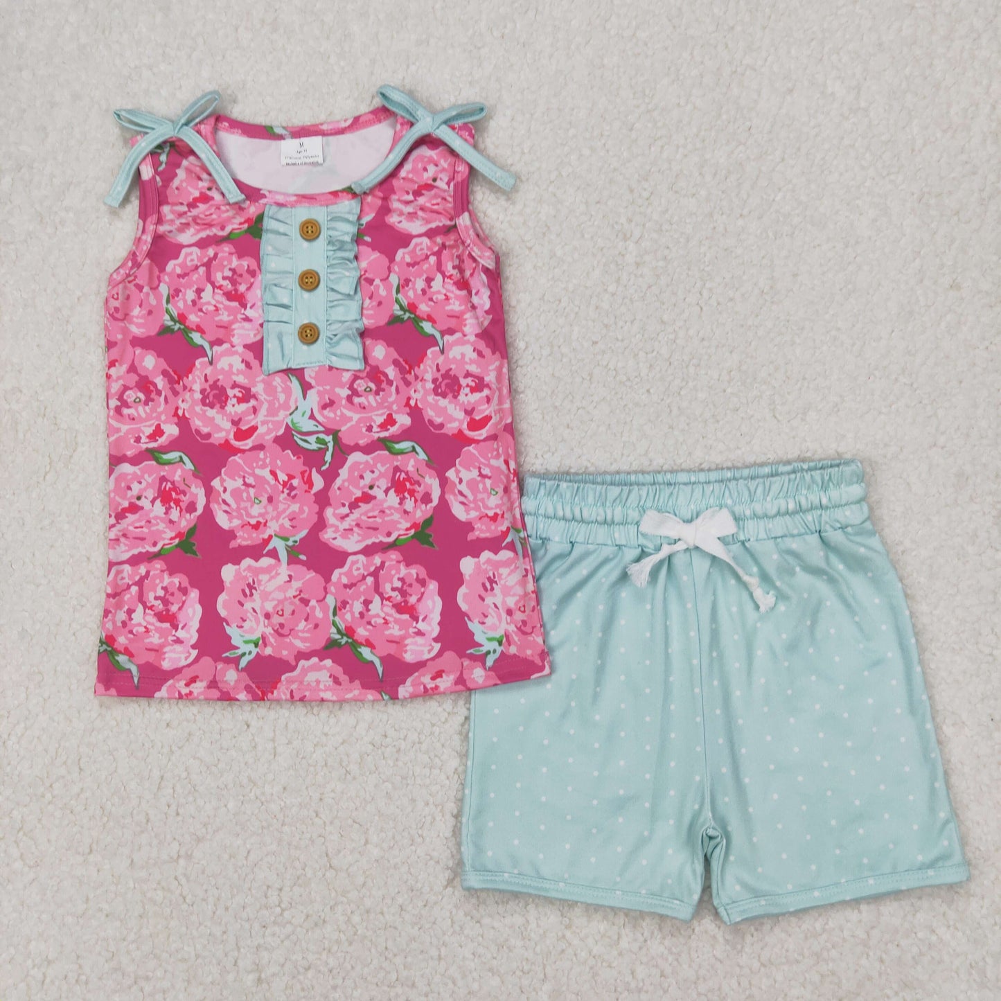 GSSO2356 hot pink flowers sleeveless green shorts girls set Summer set