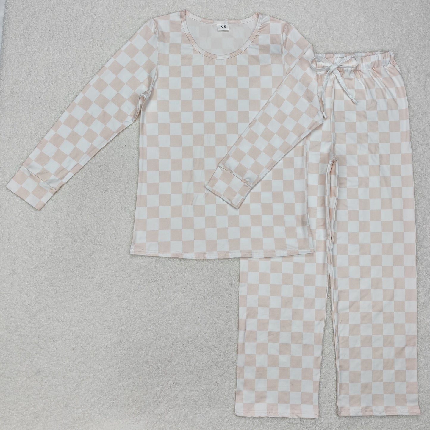 Khaki Checkered Long Sleeve Pants Adult Women Pajamas