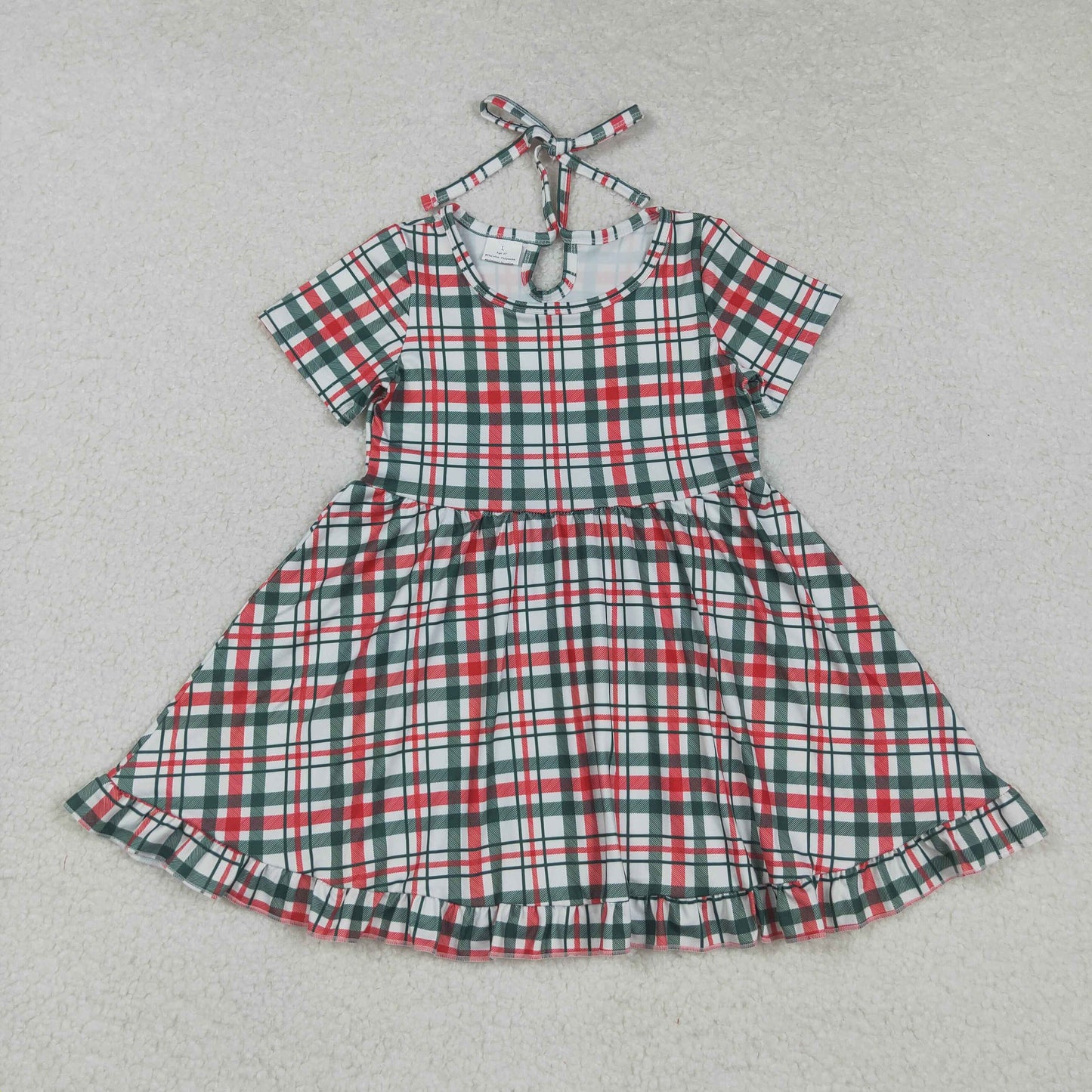 GSD2613 Christmas green red checkered short sleeve girls dress