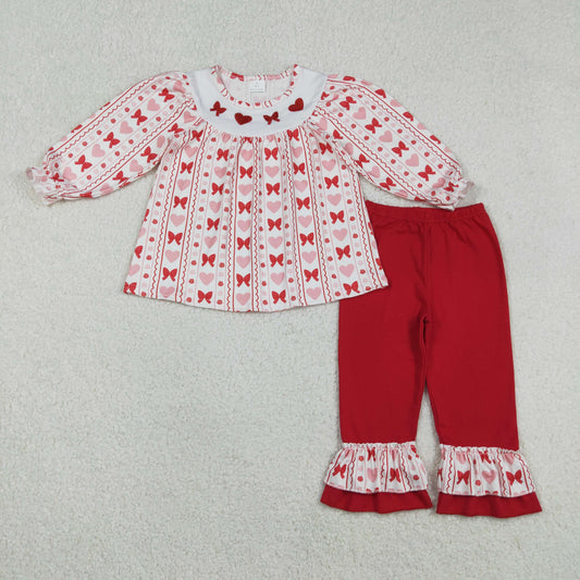 Embroidery GLP2888 Valentine's Day red heart bows long sleeve red ruffles pants girls set