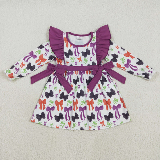 GLD1113 Halloween black orange purple bows long sleeve girls dress